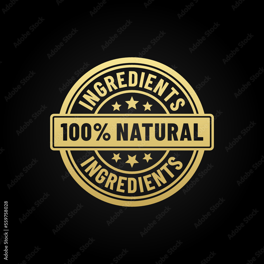 Fototapeta premium 100% natural ingredients or Natural ingredients product vector illustration. Organic ingredients green label stamp. 100% natural ingredients, organic bio pharmacy and natural skincare cosmetic product