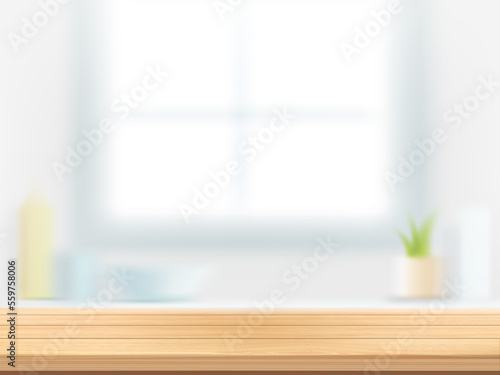 Wooden kitchen table against a blurred window.