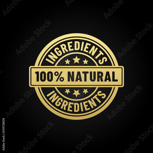 100% natural ingredients or Natural ingredients product vector illustration. Organic ingredients green label stamp. 100% natural ingredients, organic bio pharmacy and natural skincare cosmetic product