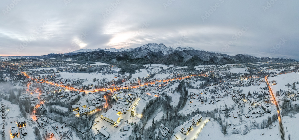 Drone panorama of Zakopane and Tatras Mountains in winter
