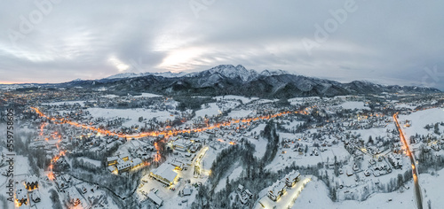 Drone panorama of Zakopane and Tatras Mountains in winter