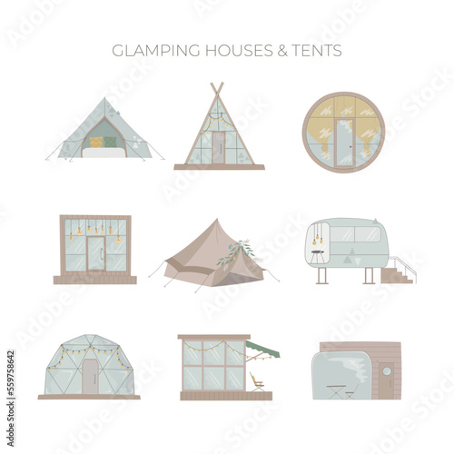 Set of glamping houses. Eco materials, like wood, glass for cozy huts. Vector illustration for web, merch, social media