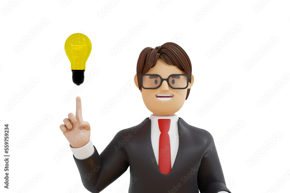 Businessman hand pointing at light bulb, get inspired business idea innovation creativity, 3D rendering. Businessman hand pointing at light bulb, get inspired business idea innovation creativity, 3D rendering.