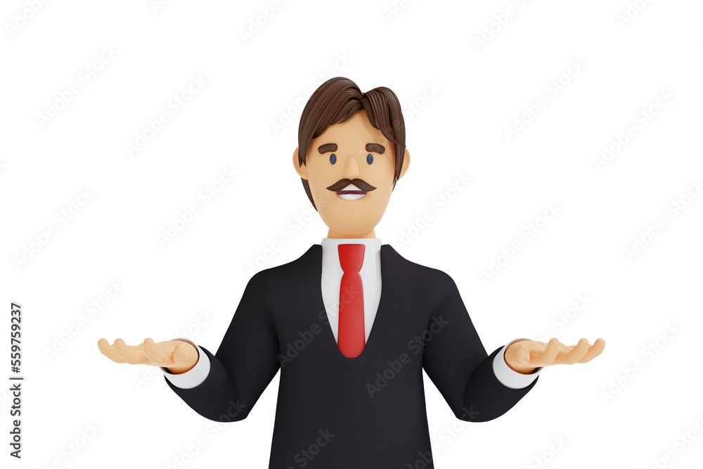 Businessman made gesturing welcome sign or surprised by hand, 3D rendering cartoon character. Businessman made gesturing welcome sign or surprised by hand, 3D rendering cartoon character.