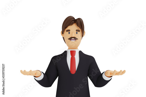 Businessman made gesturing welcome sign or surprised by hand, 3D rendering cartoon character.