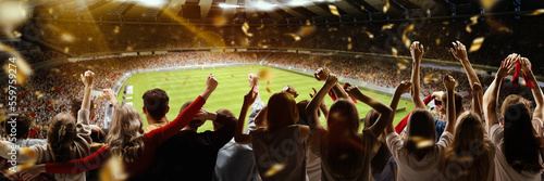 Back view of football, soccer fans cheering their team with flag and posotove emotions at crowded stadium at evening time. Concept of sport, hobby, leisure time, football © master1305