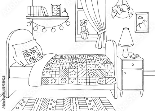 Bedroom graphic black white home interior sketch illustration vector 