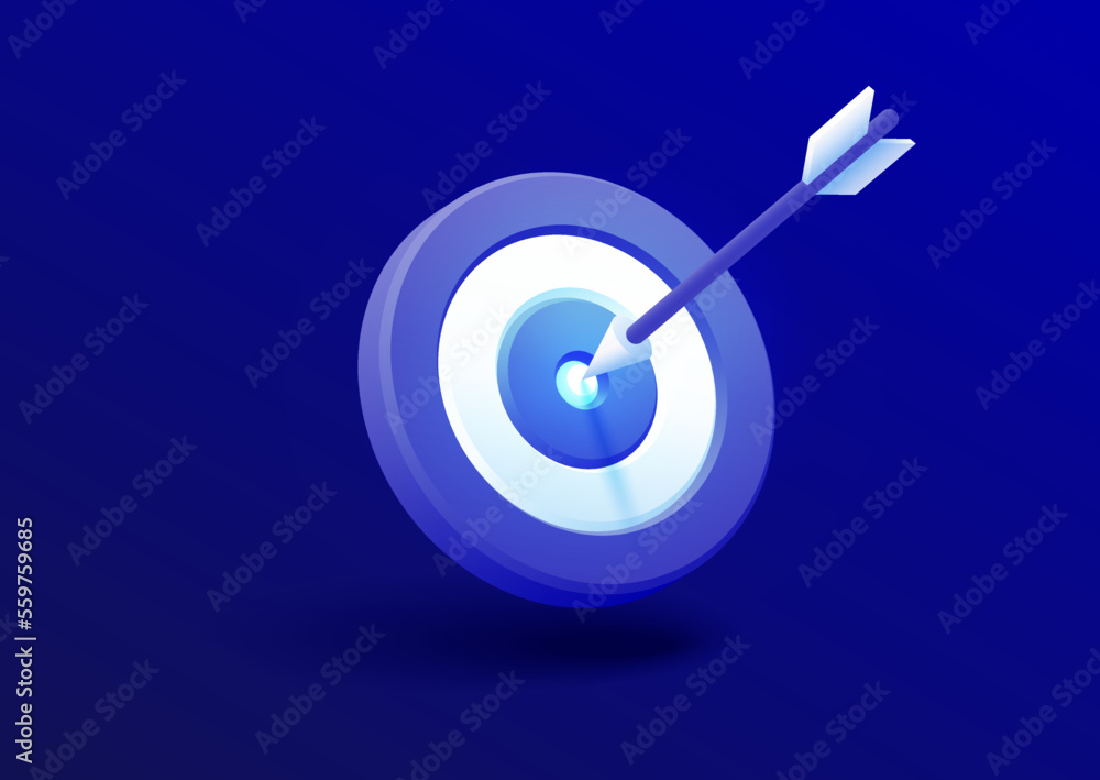 Marketing success concept. Targeting the business. Realistic 3d design red target and arrow in center. Game of darts. Vector blue banner design. Business finance, goal of success, target achievement. Marketing success concept. Targeting the business. Realistic 3d design red target and arrow in center. Game of darts. Vector blue banner design. Business finance, goal of success, target achievement.
