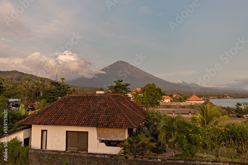 Breathtaking view on Agung volcano from Amed beach in Bali, Indonesia