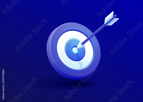 Marketing success concept. Targeting the business. Realistic 3d design red target and arrow in center. Game of darts. Vector blue banner design. Business finance, goal of success, target achievement.