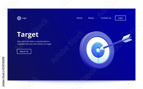 Marketing success concept. Targeting the business. Realistic 3d design red target and arrow in center. Game of darts. Vector web landing page banner design. Business finance, goal, target achievement.