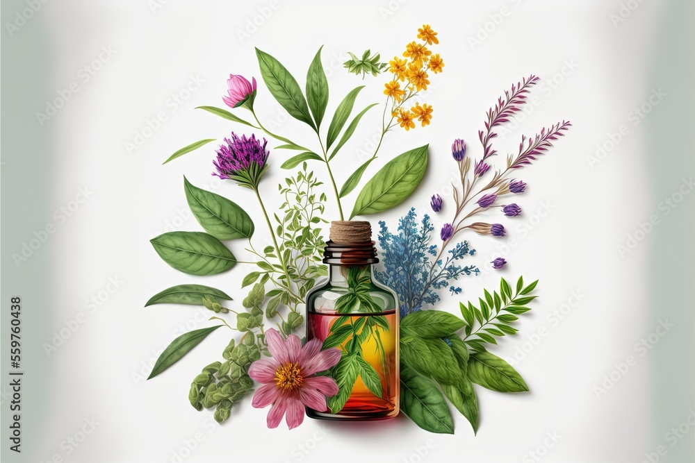 essential oils and medical flowers herbs on white background, ai ...