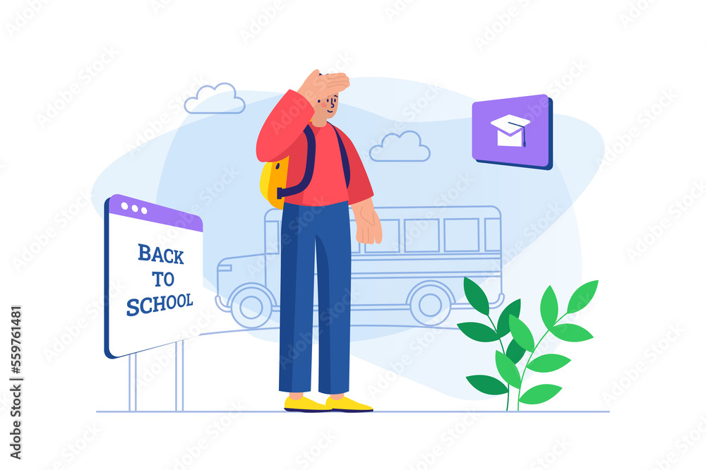 Back to school concept with people scene. Schoolboy with backpack waiting school bus. Student studying and receiving knowledge. Illustration with character in flat design for web banner
