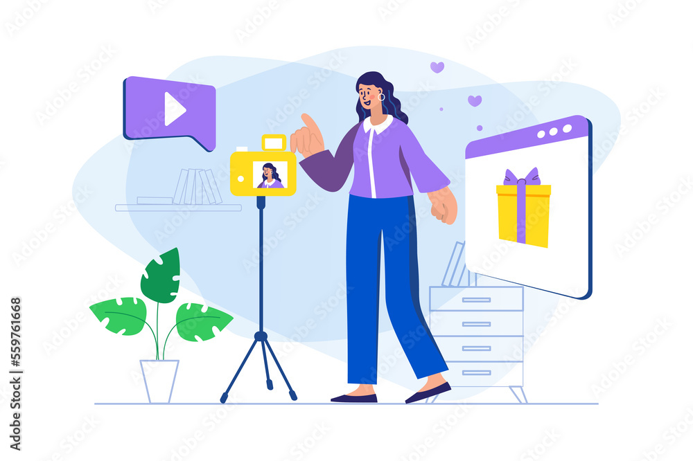 Video blogging concept with people scene. Woman making giveaway for subscribers during live broadcast, recording video using camera. Illustration with character in flat design for web banner