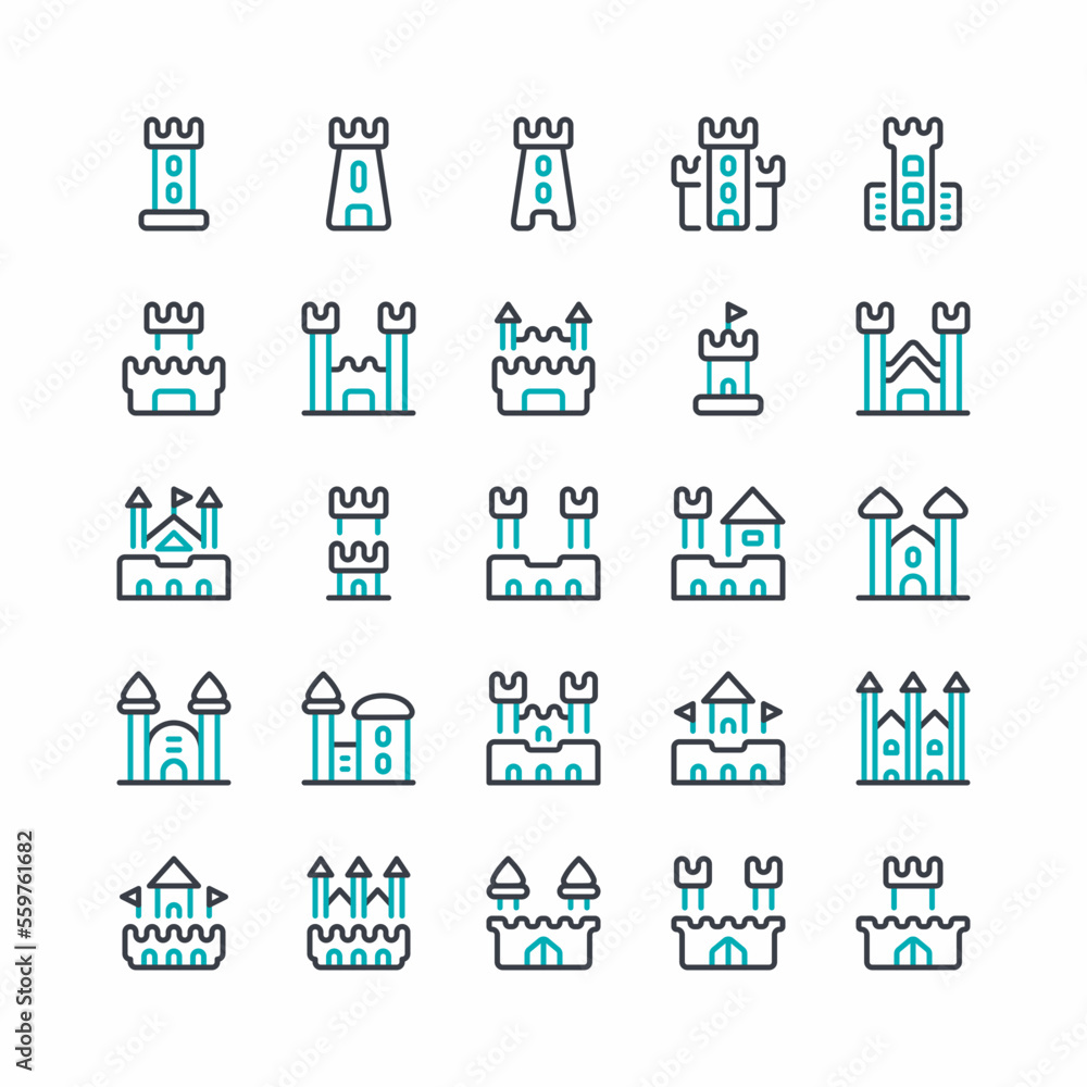 Castle icon set withcolored line style Castle icon set withcolored line style