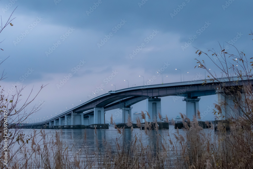 曇り空の琵琶湖と琵琶湖大橋