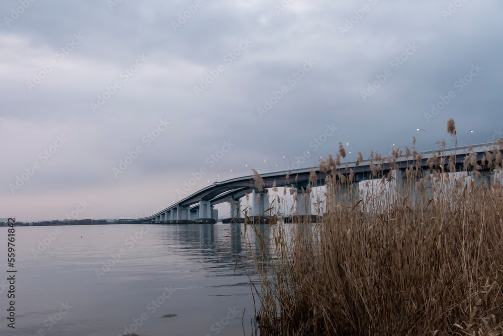 Fototapeta premium 曇り空の琵琶湖と琵琶湖大橋