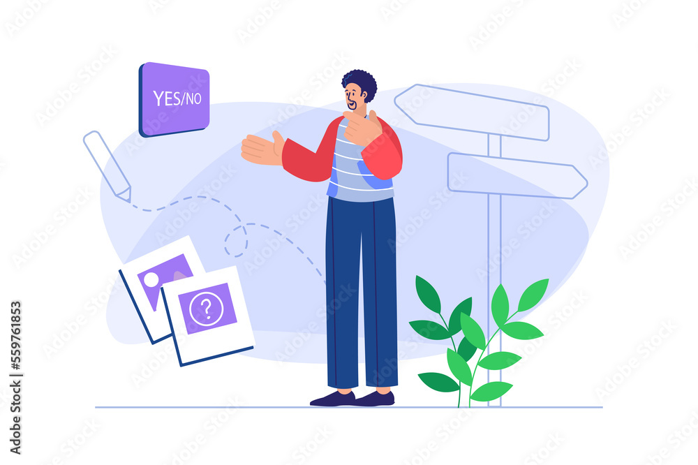 Decision making concept with people scene. Man thinks, solves problem and doubts choosing road while standing near directions pointer. Illustration with character in flat design for web banner