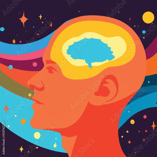 Fototapeta Naklejka Na Ścianę i Meble -  Mental health, meditation, self knowlege, psychology concept. Abstract human face profile with space, stars and planets. Flat vector illustration with texture


