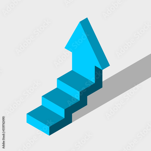 Blue stairs with up arrow. Growth and moving up concept. Steps toward achievement. Staircase to business success. Infographic design element with three steps. Vector illustration  isometric  clip art