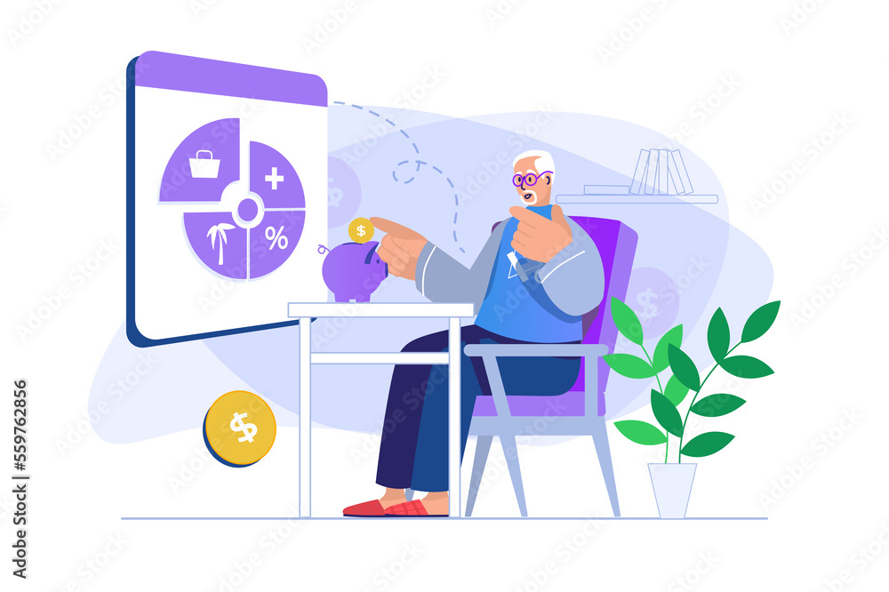 Planning financial budget concept with people scene. Elderly man analyzes his savings and pension, plans expenses and pays bills. Illustration with character in flat design for web banner