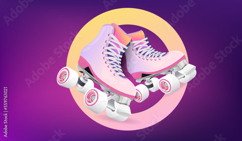 Roller skates illustration. Retro roller skates 3d vector. 90s disco roller skating. 80s and 90s sport activity vector.