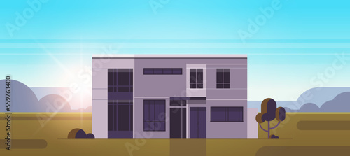 Modern house building exterior and urban building facade horizontal design plans flat vector illustration.