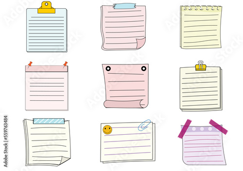 Paper note set.Blank notes with tape and stickers.Notebook collection with curled corners. Adhesive Note,Checked Pattern,Paper,Education. Vecter message and notepaper concept.