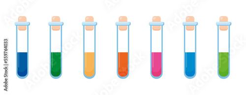 Vector illustration of laboratory test tubes with colored liquids. Illustration in cartoon style isolated on white background. Study, biology, chemistry, medicine