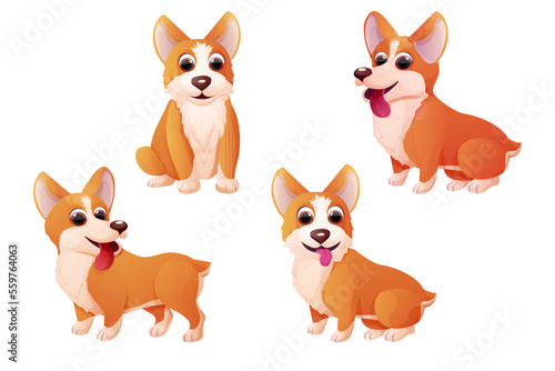 Set cute corgi dog, adorable pet in cartoon style isolated on white background. Comic emotional character, funny pose