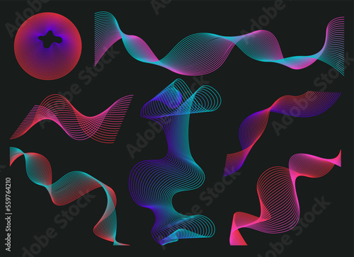 Set of Abstract geometric shapes trending futuristic line design elements, infographic shapes. Modern trendy retro futurism digital vaporwave. Retrofuturistic Vector illustration for UI and UX