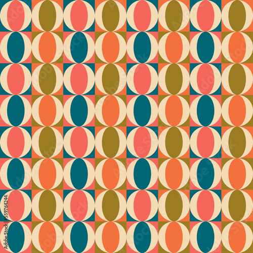 Aesthetic mid century printable seamless pattern with retro design. Decorative 50`s, 60's, 70's style Vintage modern background in minimalist mid century style for fabric, wallpaper or wrapping