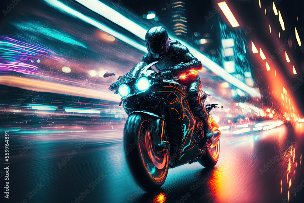 motorcycle rider on city at night at high speed. generative ai