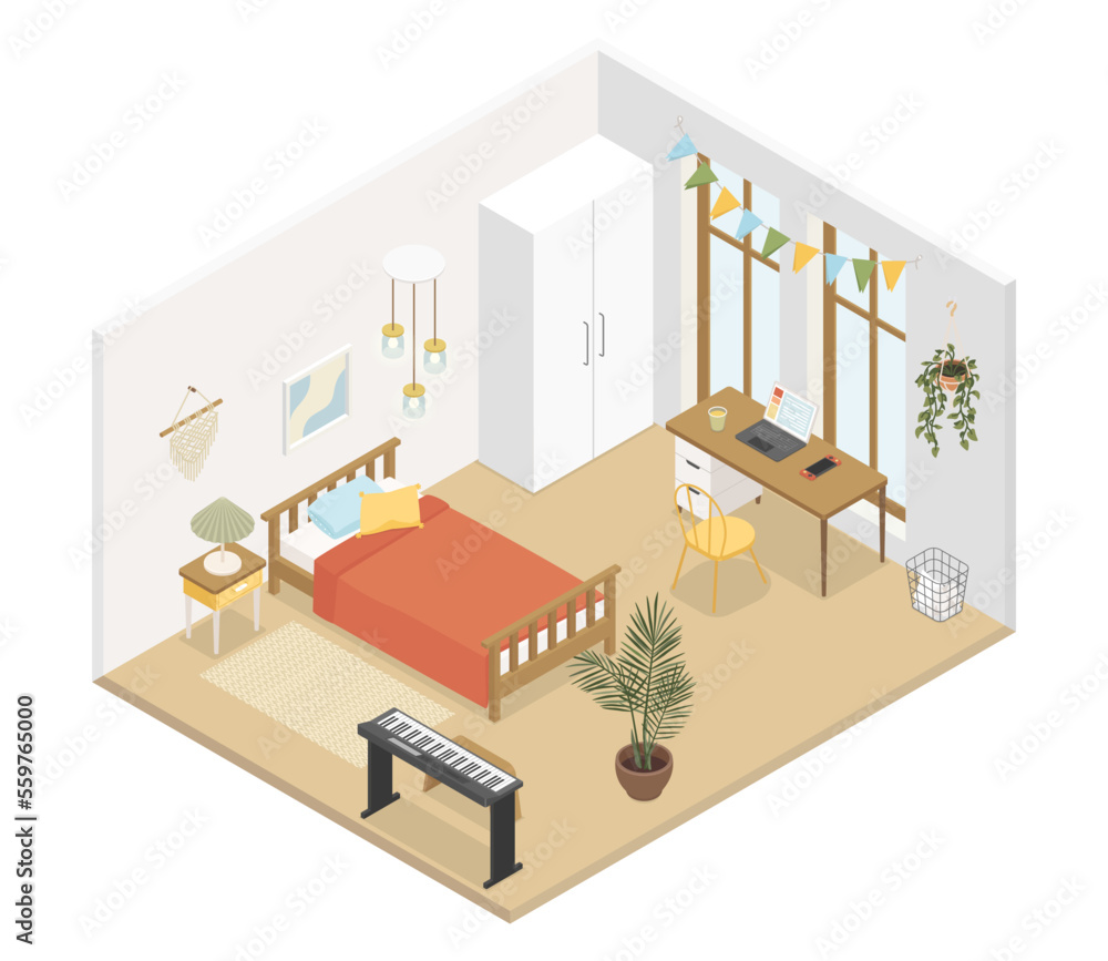 Freelancer and musicians bedroom - modern vector colorful isometric illustration