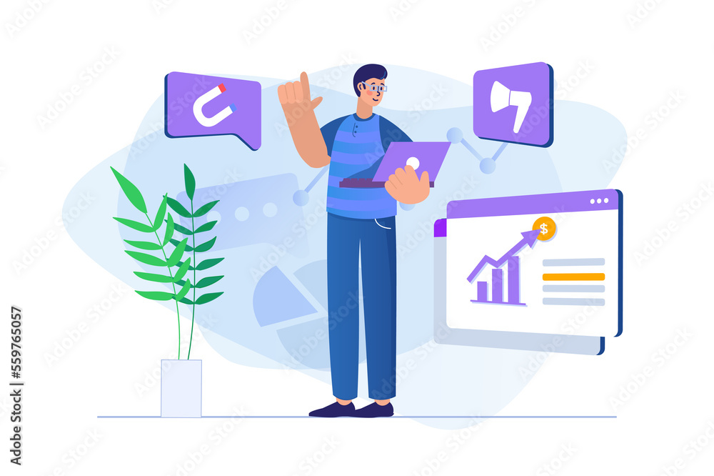 Digital marketing concept with people scene. Man promotes business online using promotional content, increases sales and profits. Illustration with character in flat design for web banner