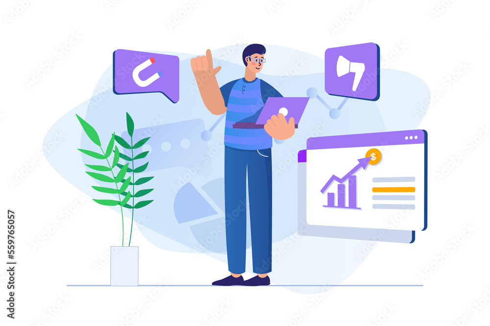 Digital marketing concept with people scene. Man promotes business online using promotional content, increases sales and profits. Illustration with character in flat design for web banner Digital marketing concept with people scene. Man promotes business online using promotional content, increases sales and profits. Illustration with character in flat design for web banner