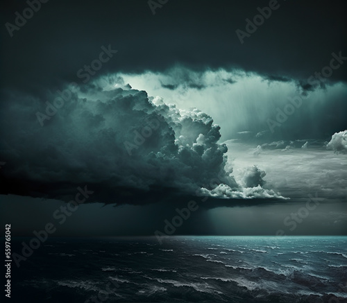 thunderstorm with stormy dark clouds, lightning and rain over sea. generative ai