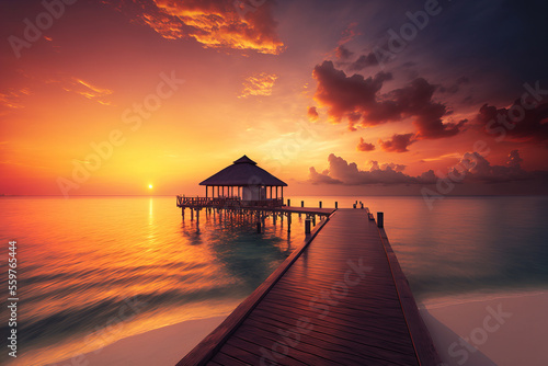 sunset in tropical beach in summer with pier and bungalow. Vacation concept. generative a