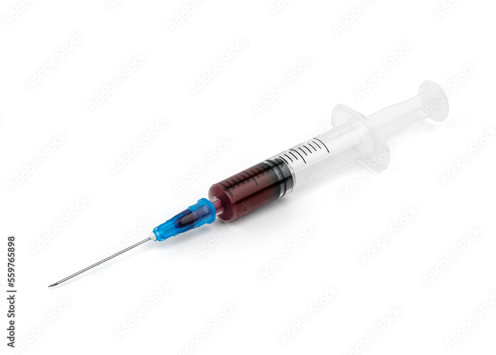 A syringe with blood for a blood test. Medical syringe with dark liquid. Drugs. Vitamins. Medicines. A syringe with blood for a blood test. Medical syringe with dark liquid. Drugs. Vitamins. Medicines.