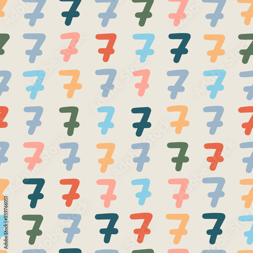 Seamless colorful numbers seven pattern. Abstract background with hand drawn doodle shapes.