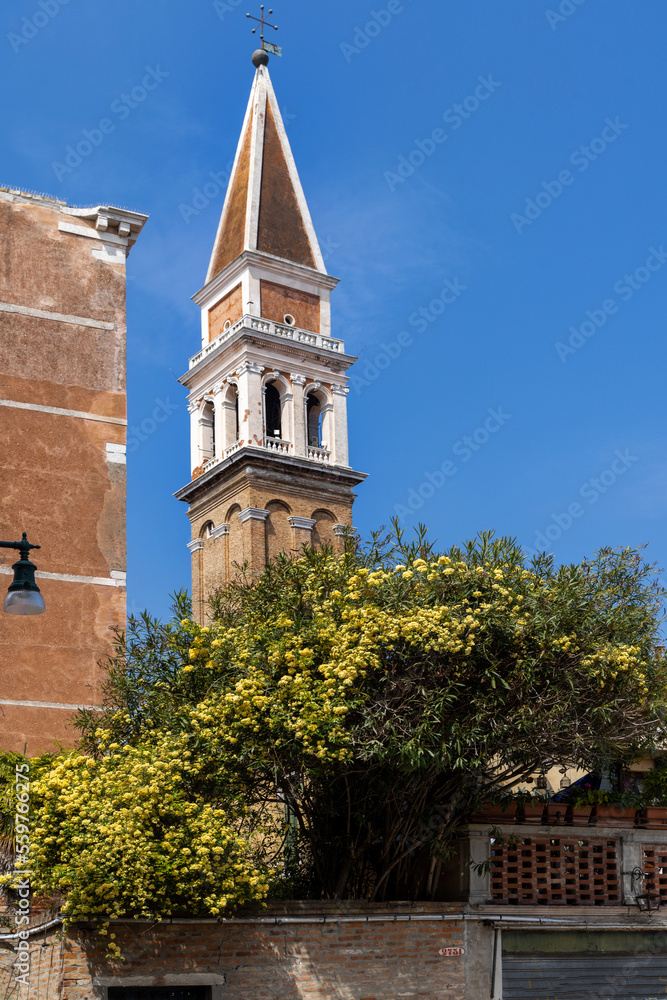 Bell tower of San Francesco della Vigna church in Italy. Narrow streets of Venice and beautiful blooming spring plants and clear blue sky.