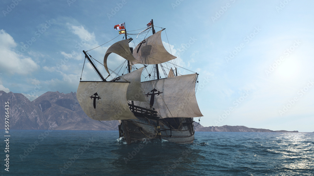The NAO VICTORIA is the flag ship of the MAGELLAN armada. 
A scientific 3D-reconstruction of a spanish galleon fleet 
in the beginning of the 16th century. 
sails ahead of a global circumnavigation - obrazy, fototapety, plakaty 