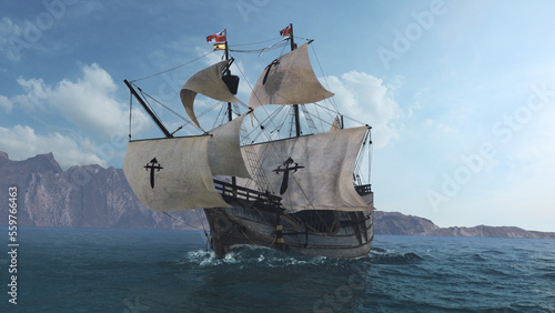The NAO VICTORIA is the flag ship of the MAGELLAN armada.  A scientific 3D-reconstruction of a spanish galleon fleet  in the beginning of the 16th century.  sails ahead of a global circumnavigation