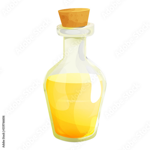Vinegar in glass bottle with cork in cartoon style isolated on white background. Apple, wine liquid, dressing.