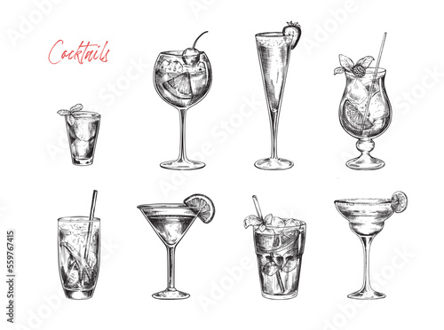Set of vector hand drawn cocktails in sketch style