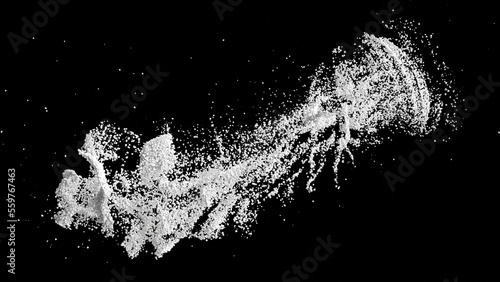 3D rendering of scattered or scraped white sand particles or dirt on black background