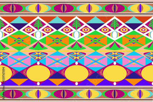 geometric traditional with triangles and colorful elements seamless pattern. designed for background, wallpaper, clothing, wrapping, fabric, Batik, decorating, embroidery , vector illustration