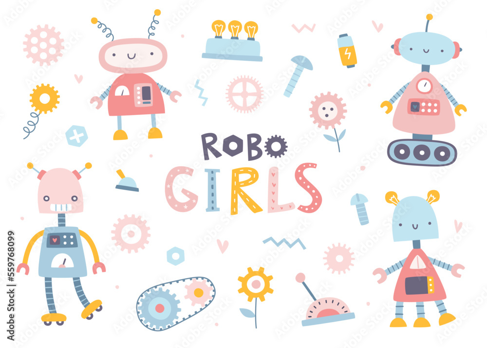 Obraz premium Cute girly robots set for kids. Cartoon pink robotic collection for baby girls. Funny robo sticker bundle.
