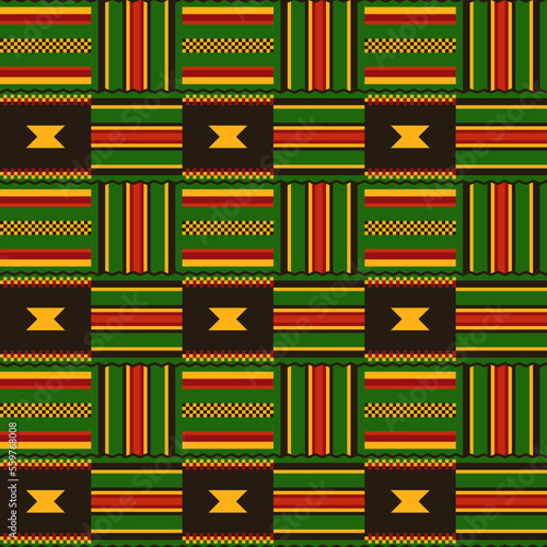 Kente cloth. African textile. Ethnic seamless pattern. Tribal geometric print. 