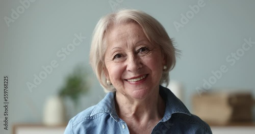 Close up shot happy senior woman looking at camera. Optimistic elderly grandmother having wide toothy smile posing for camera at home. Advertise dental clinic and medical insurance services for olders